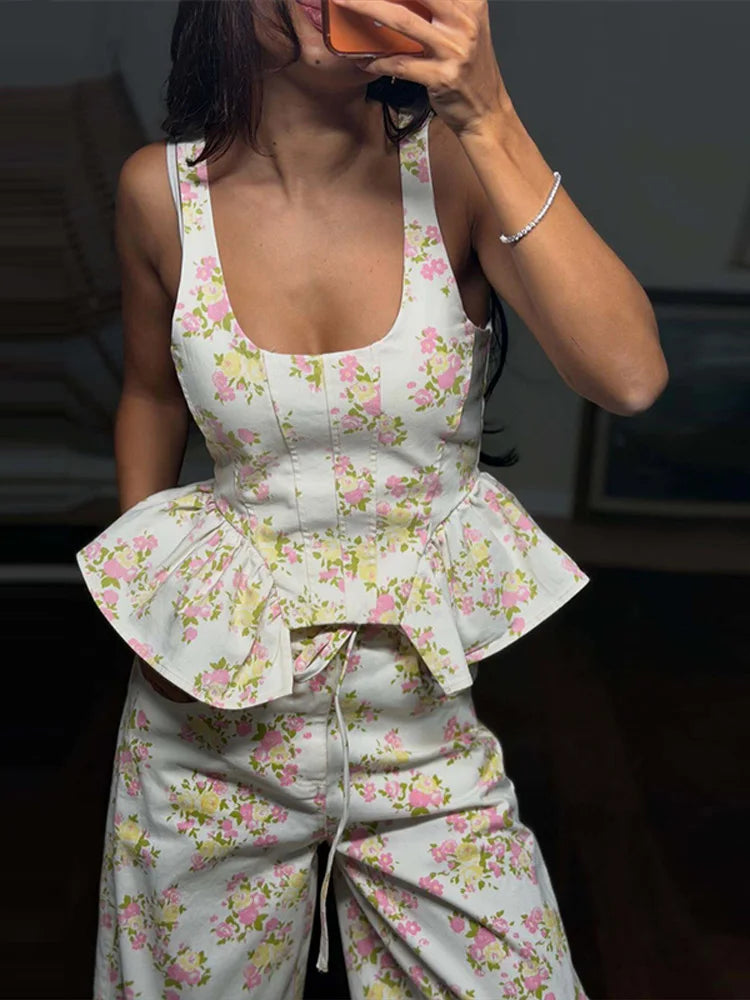 Floral Print Ruffle Wide Leg Pants Two Piece Set For Women
