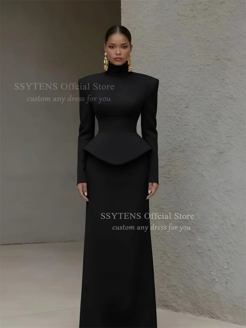 Chic Black Satin Mermaid Prom Dress With High-Neck Long Sleeve for Women
