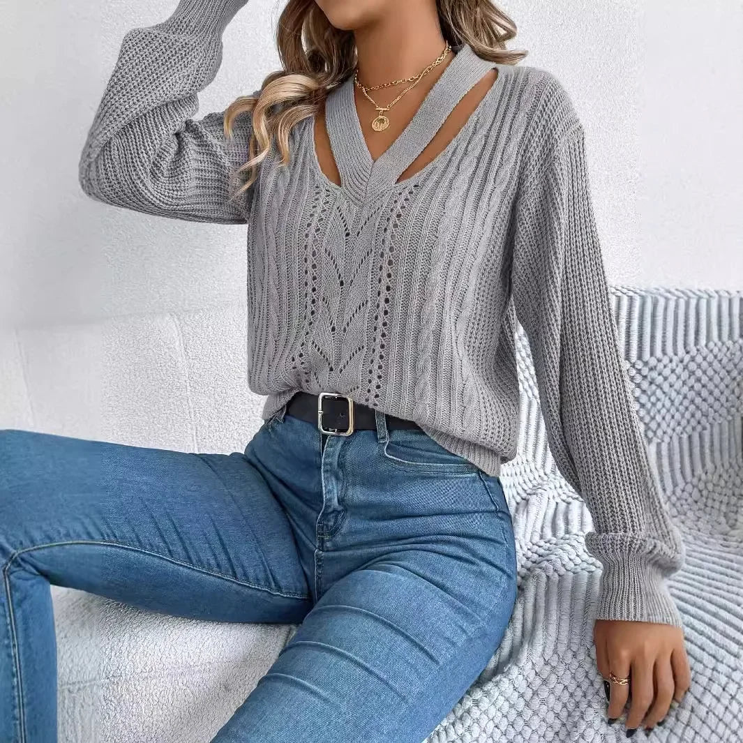 Casual Sweater Women Streetwear Hollow V-neck Elegant Lantern Sleeve Head Tops 2024 Autumn/Winter New Long Sleeved T-shirt Y2k
