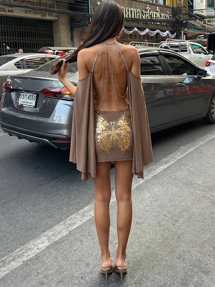 Metal Chain Backless Halter Batwing Collar Dress for Women