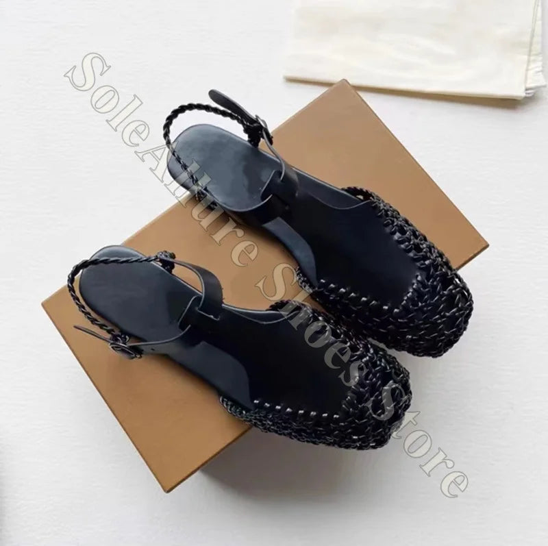 Woven Leather Closed Toe Sandals With Adjustable Buckle For Women