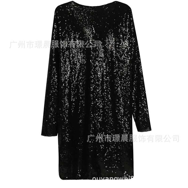 Chic Solid Color Sequin Long Sleeve Mini Dress for Women