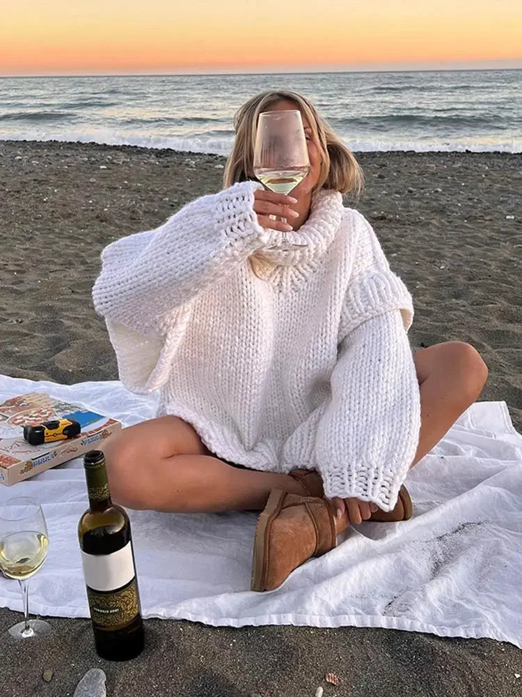 Oversized Knit Turtleneck Sweater With Lantern Sleeves For Women