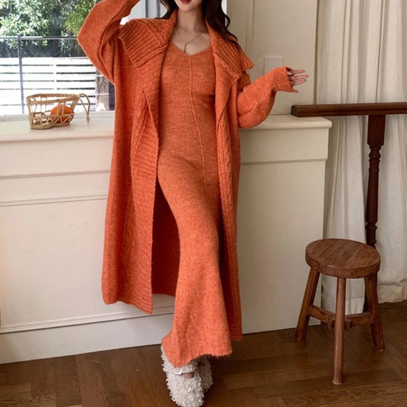 Knitted Cardigan And Ankle Length Skirt Set for Women