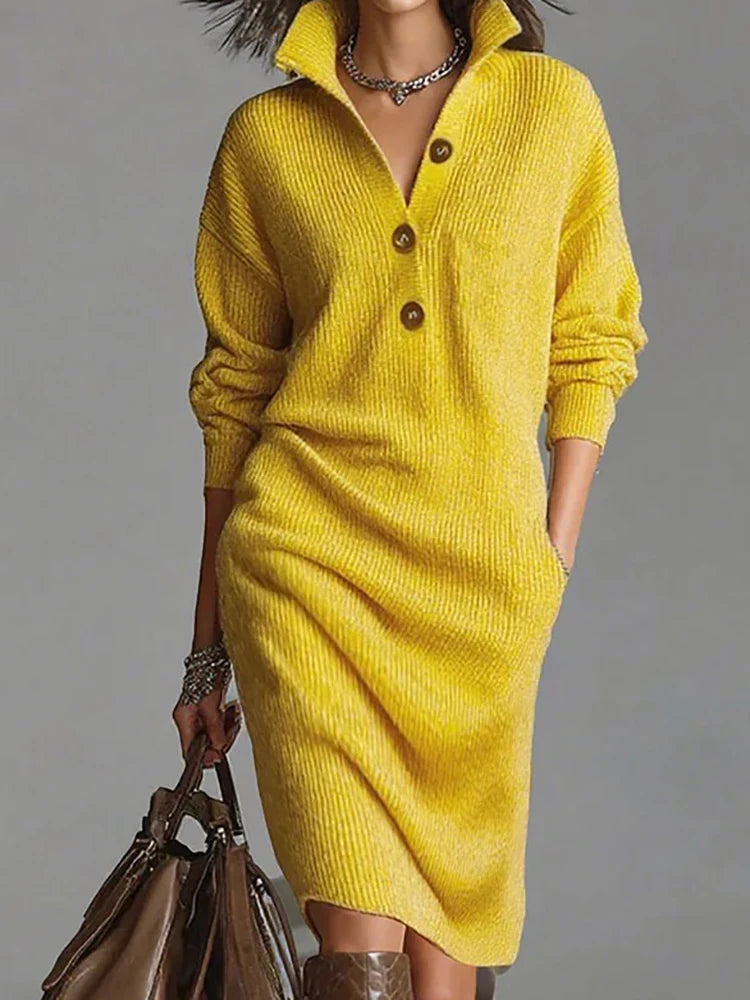 Turn-Down Collar Simple Sweater Dress, Women Autumn Winter Long Sleeve Chic Party Dress, New Solid Patchwork Casual Ladies Dress