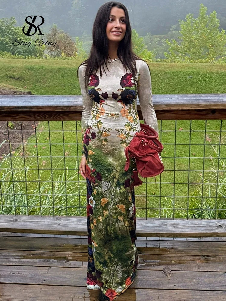Vintage Floral Print Long Sleeve Maxi Dress for Women