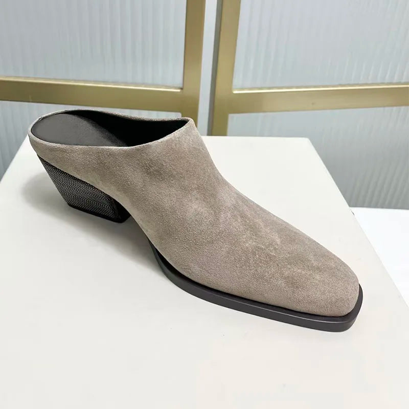 Square Heel Suede Mules With Bead Accents For Women