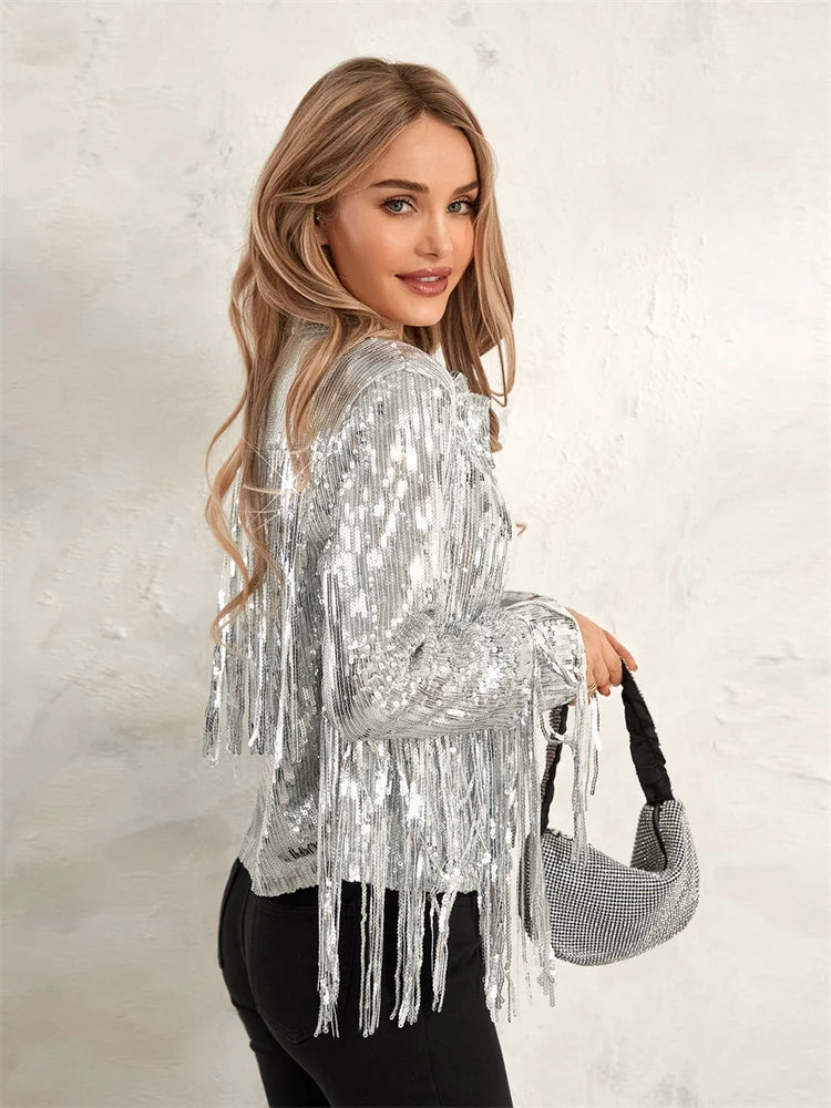 Glam Eighties Inspired Sequin Tassel Lapel Open Front Jacket for Women