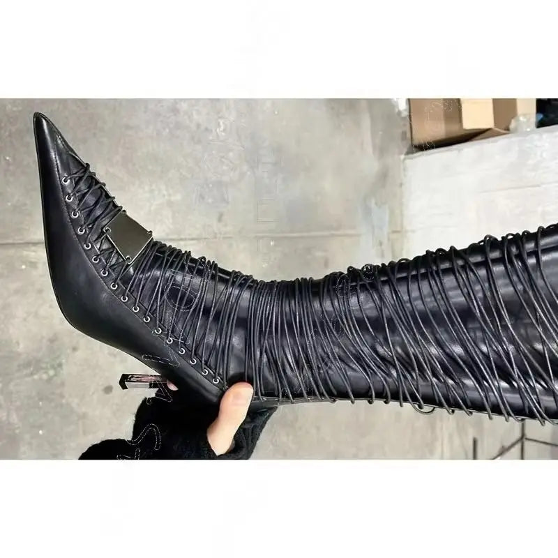 Black Patchwork Cross Tie Pointed Toe Heeled Boots for Women