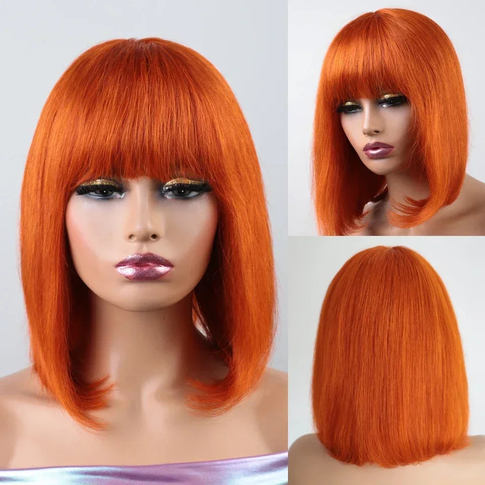 Short Straight Human Hair Bob Wig With Bangs for Women