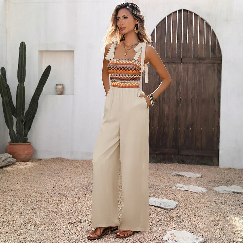 Boho Striped Knit Tie Shoulder Square Neck Jumpsuit for Women