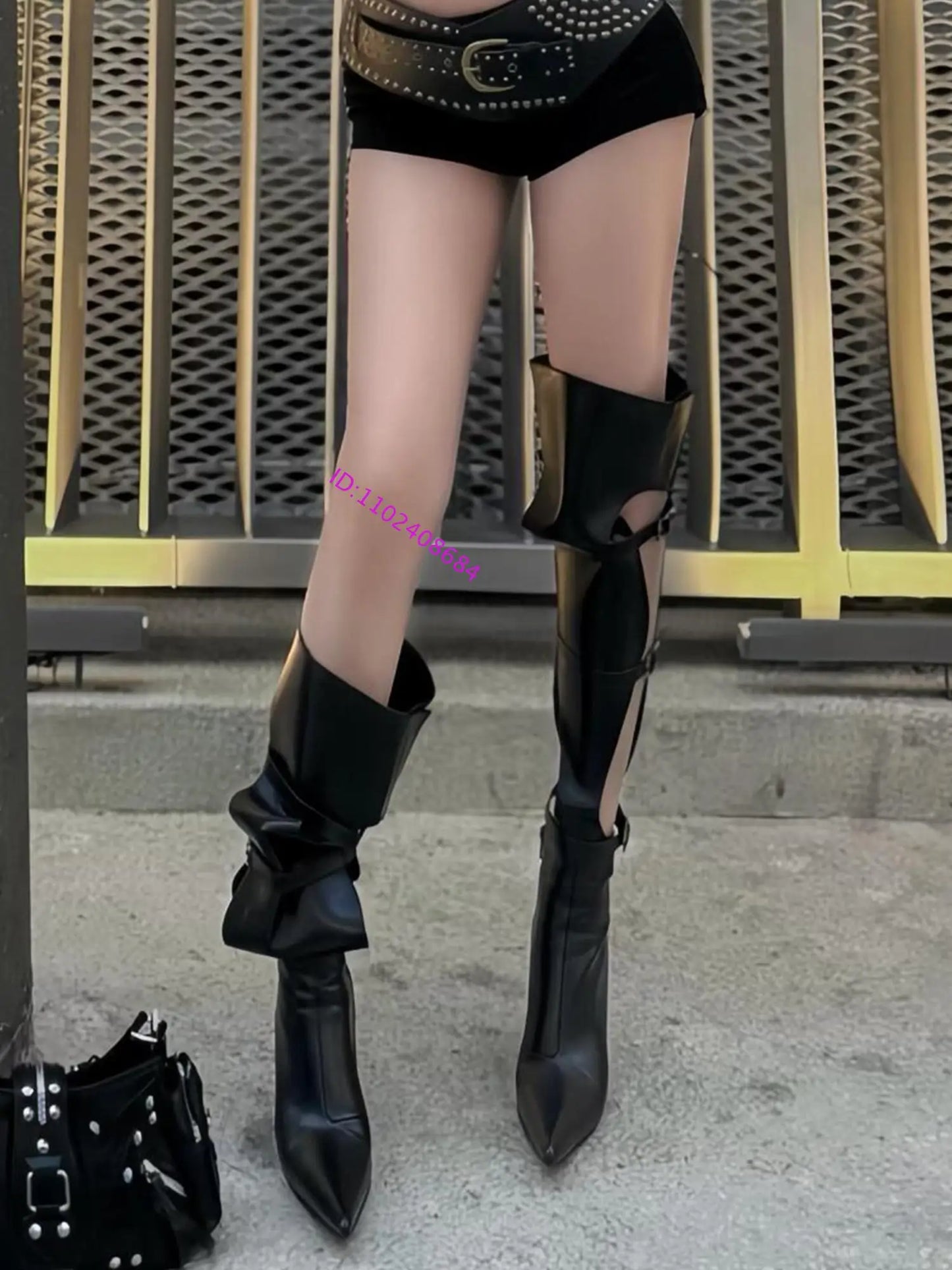 Black Patchwork Rivet Pointed Toe Thigh High Boots For Women