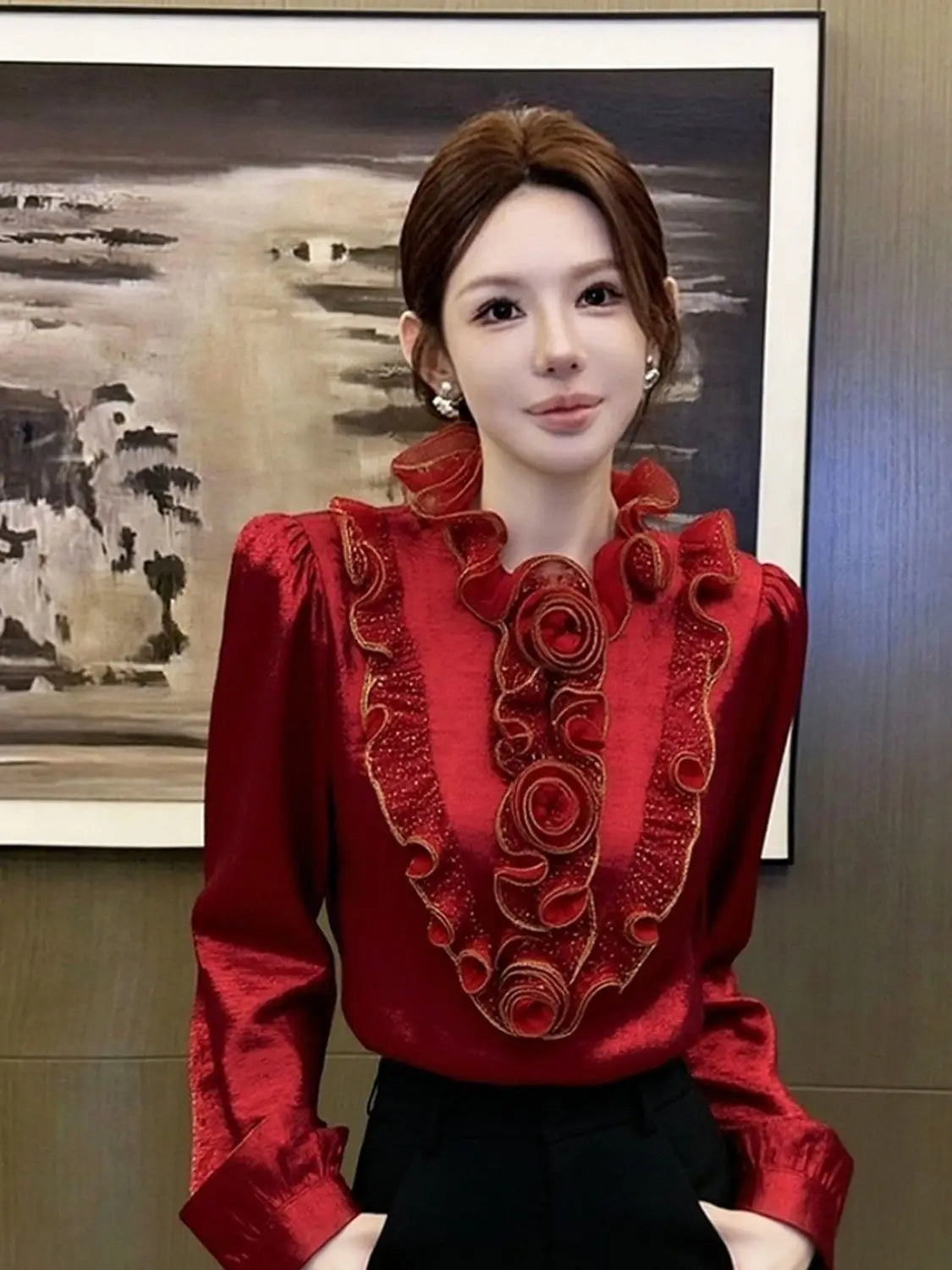 French Inspired Red Scalloped Edge Casual Top for Women