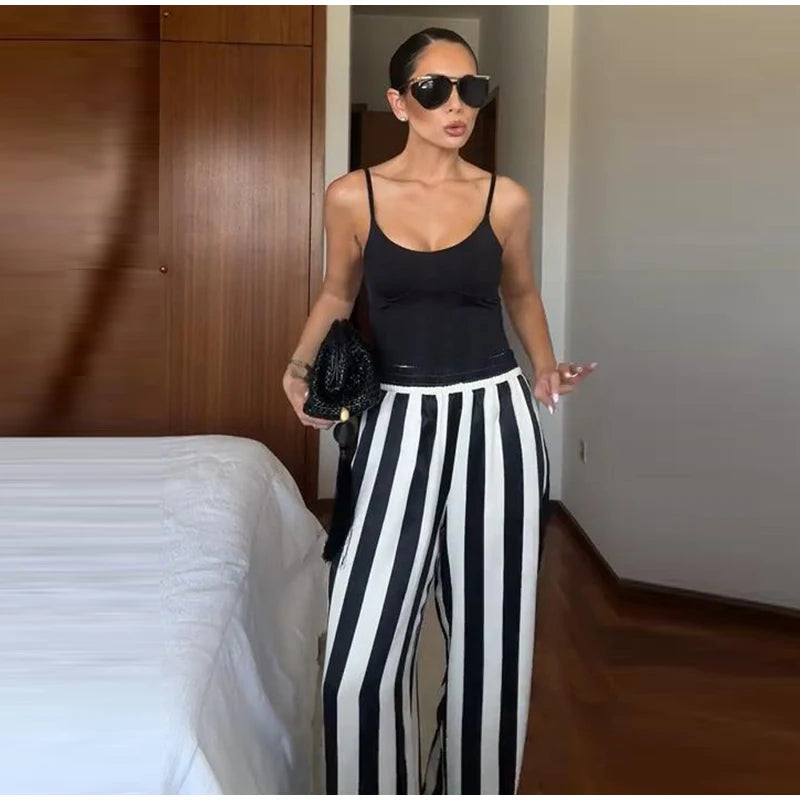Striped Criss Cross Halter Two Piece Wide Leg Pants Set For Women