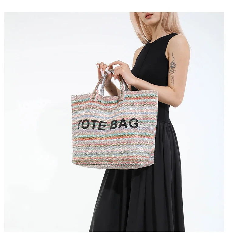 New straw woven bag, large capacity tote bag, crossbody striped letter contrasting beach bag