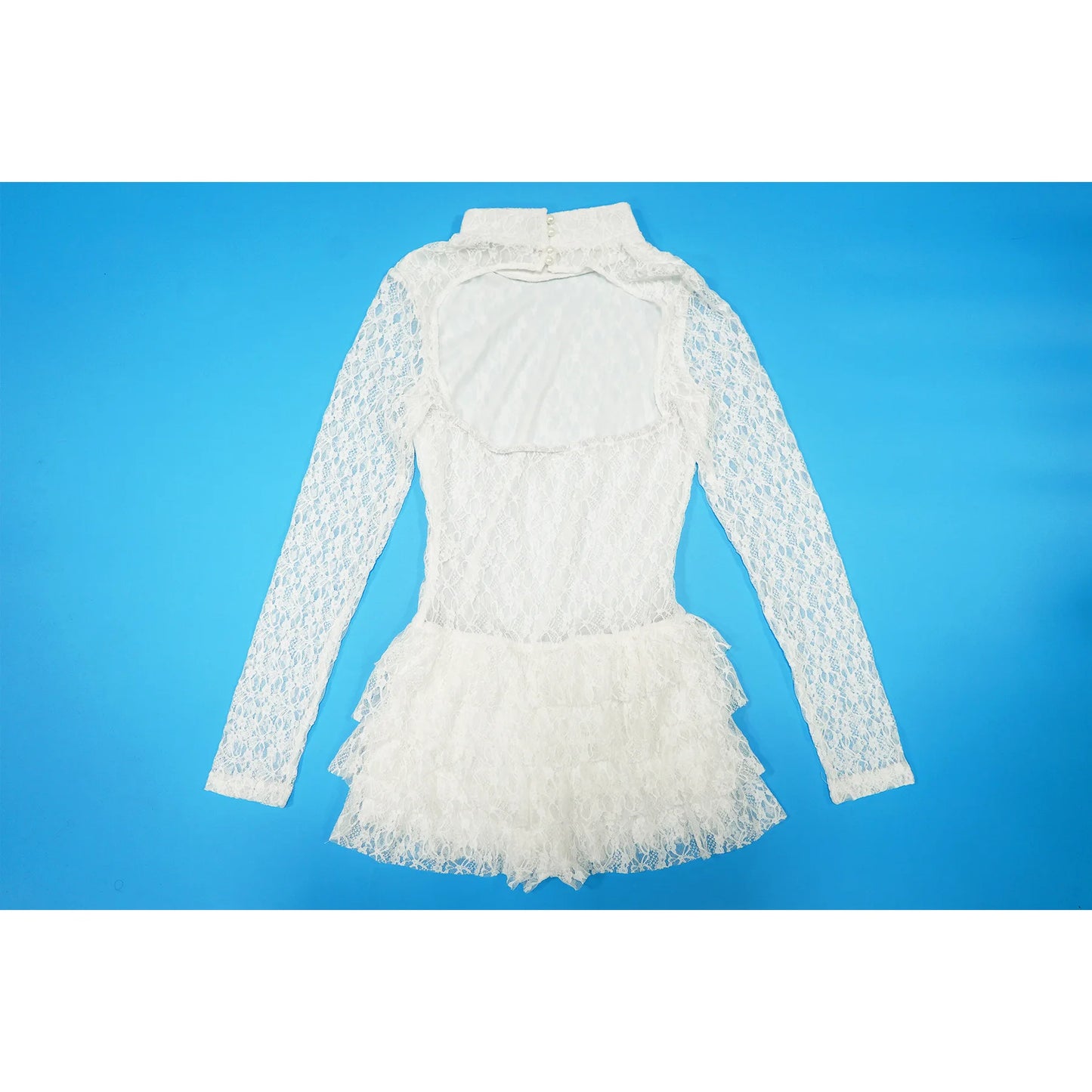 FAGADOER Sexy Lace Ruffle Patchwork Bodycon Romper Woman See Through Long Sleeves One Piece Jumpsuits Female Nightclub Overalls