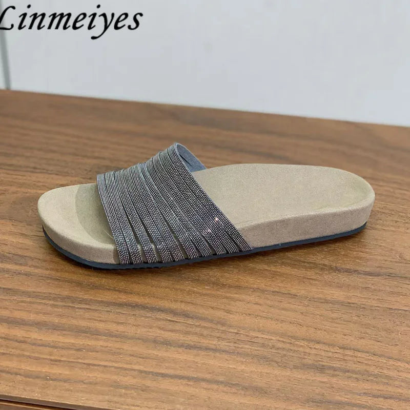 Cow Suede Bead Chain Narrow Strap Slippers for Women