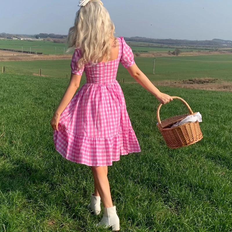 Vintage Pink Plaid Square Collar Puff Sleeve Midi Dress for Women