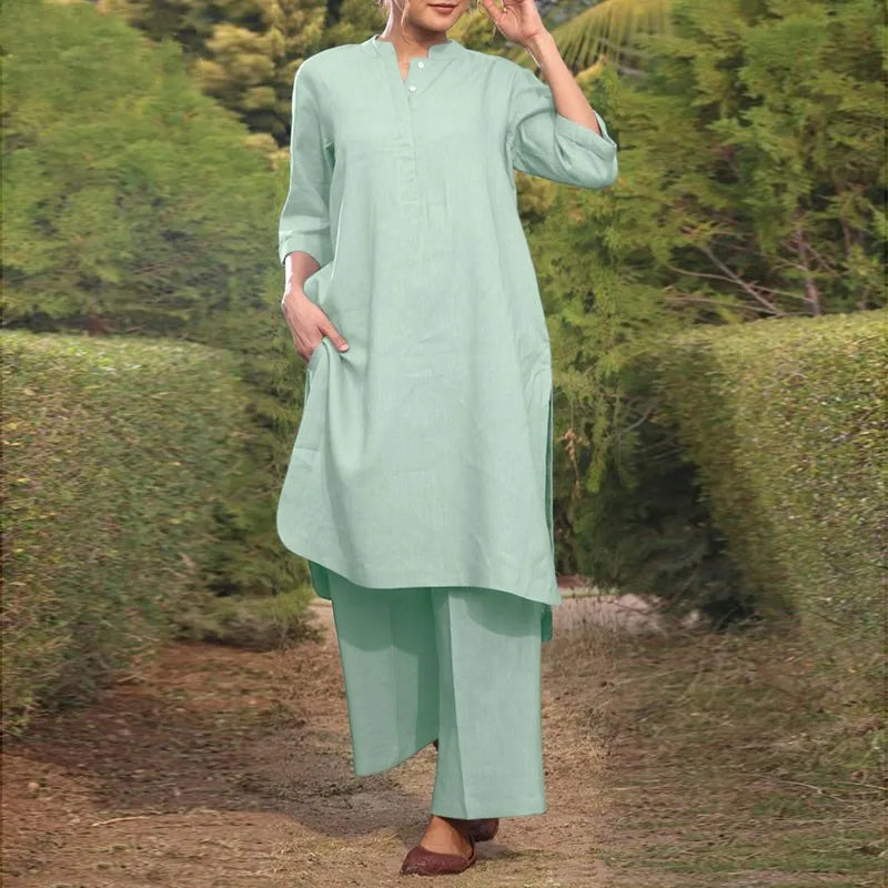 V Neck Shirt and Straight Pants Two Piece Set for Women
