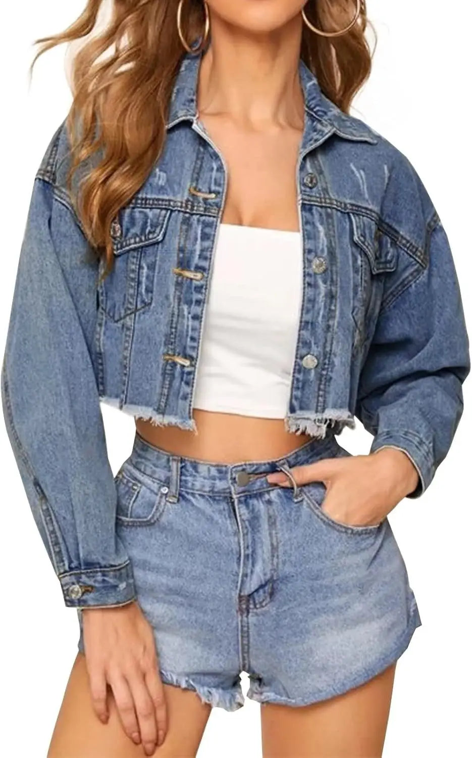 Vintage Distressed Denim Jacket With Turn Down Collar for Women