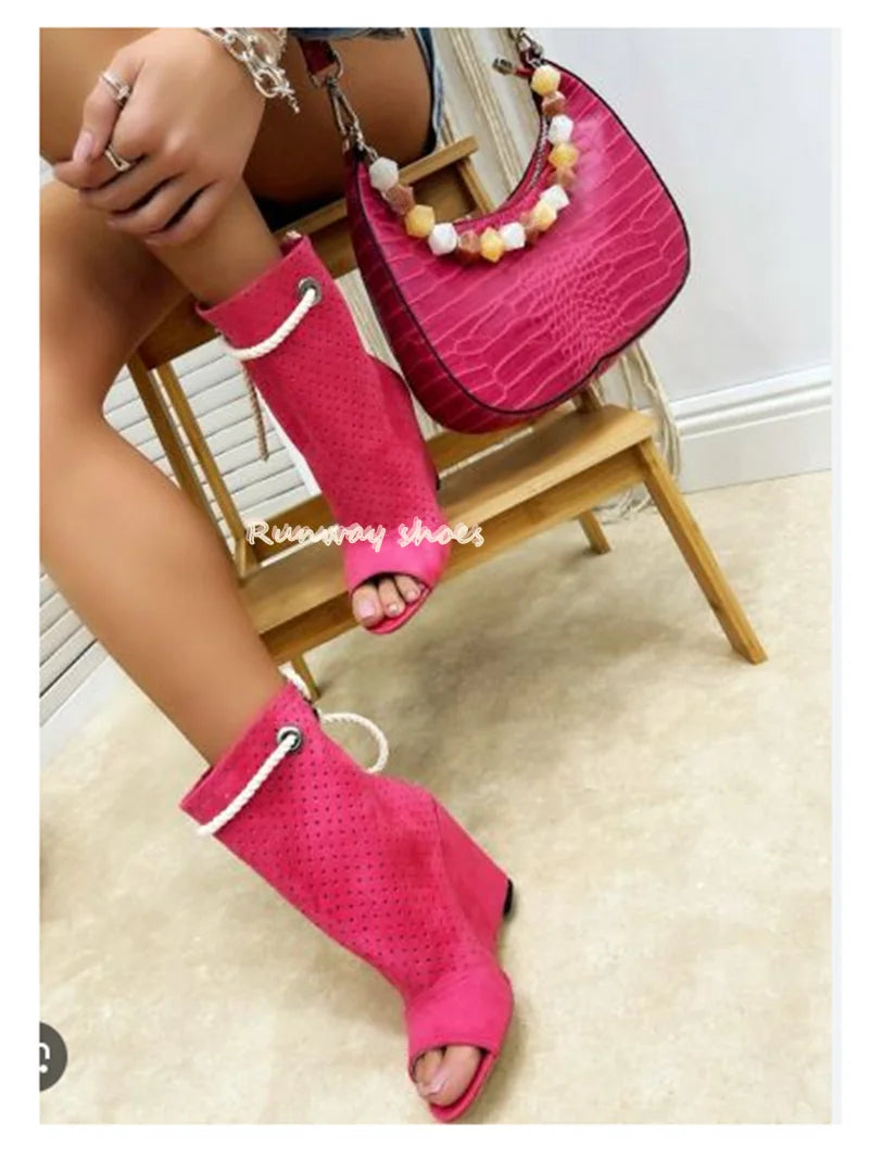 Breathable Suede Round Toe Open Toe Lace Up Ankle Boots for Women