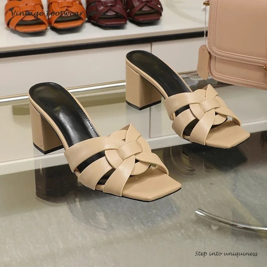 Interwoven Strap Square Toe Block Heel Mules for Women