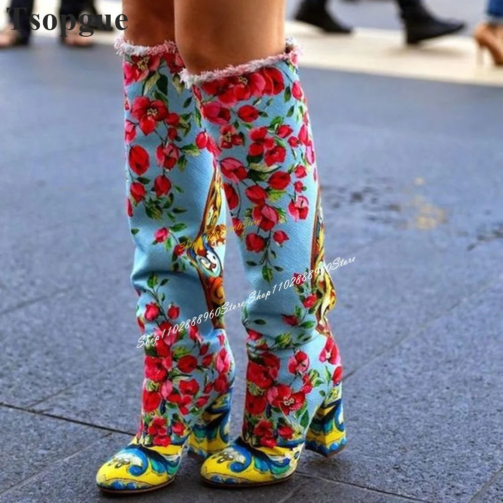Knee High Trendy Mixed Color Floral Boots Chunky High Heel Shoes For Women Slip On Round Toe 2024 Fashion Zapatos Para Mujere