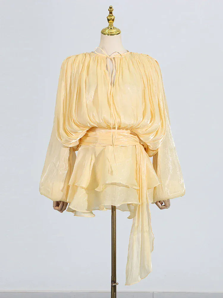 TWOTWINSTYLE Loose Solid Dresses For Women Round Neck Lantern Sleeve High Waist Spliced Fold Mini Chic Dress Female Fashion 2025