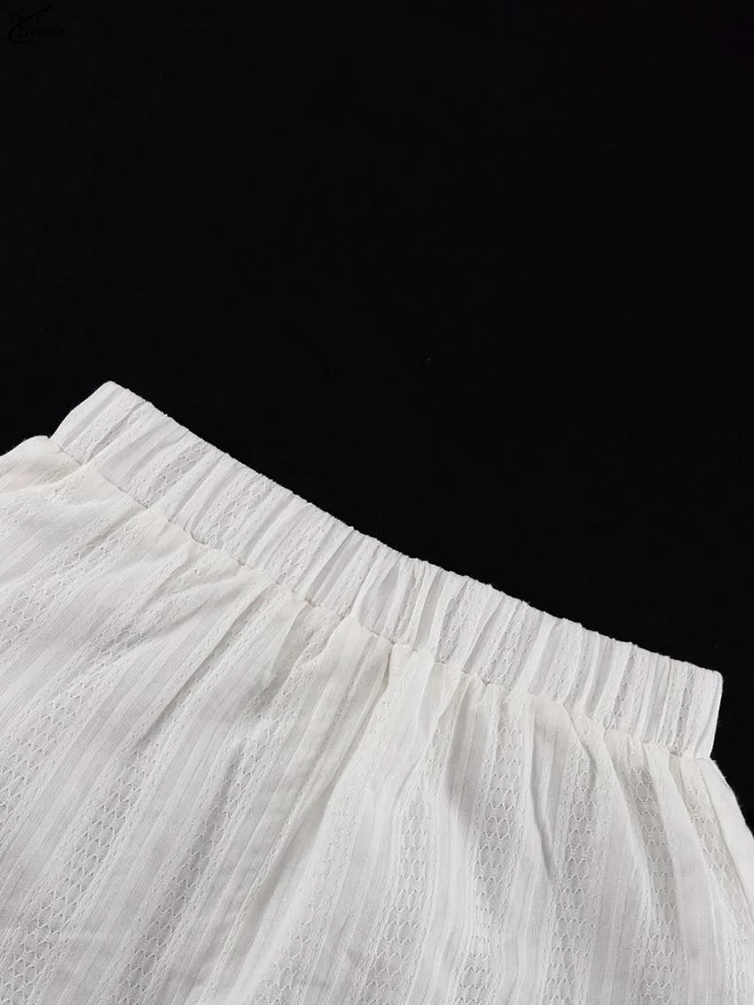 Oymimi Fashion White Cotton Women's Two Pieces Set Elegant Puff Sleeve Loose Lace-Up Shirts And High Waisted Shorts Female Sets