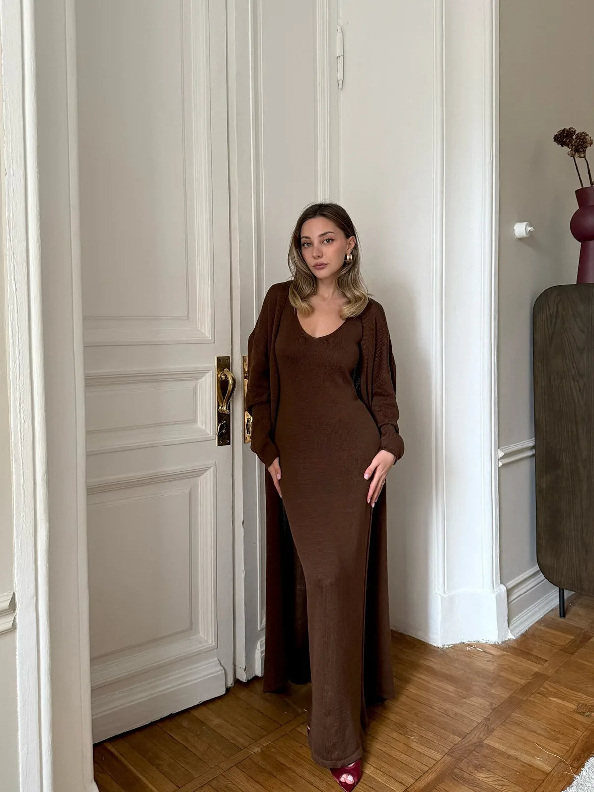 V-Neck Ribbed Knit Maxi Dress Set