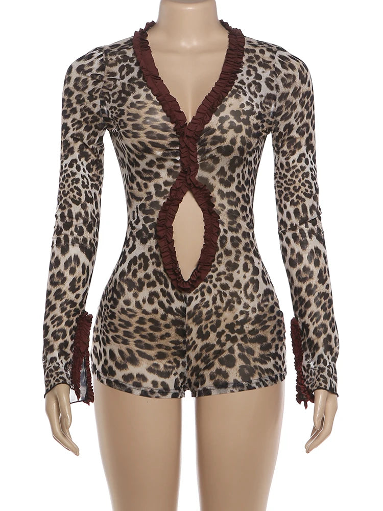 Leopard Print Sheer Ruffle Sleeve Romper for Women