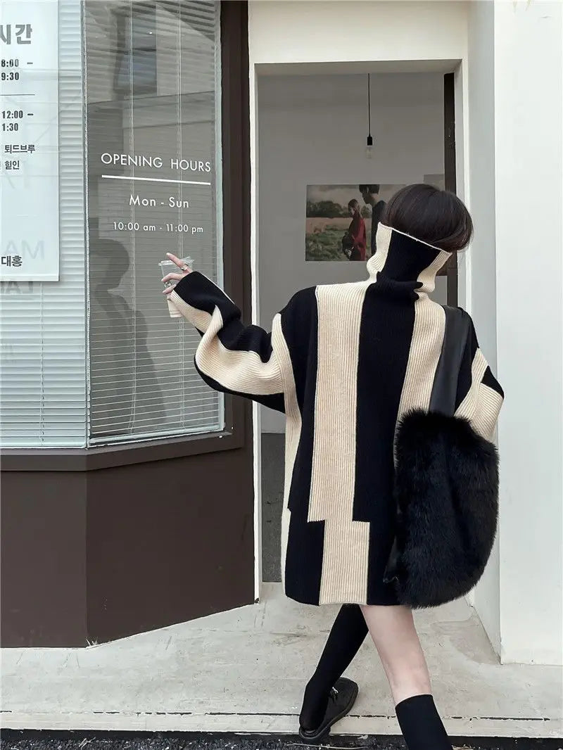 Relaxed Fit Striped Turtleneck Knit Sweater for Women
