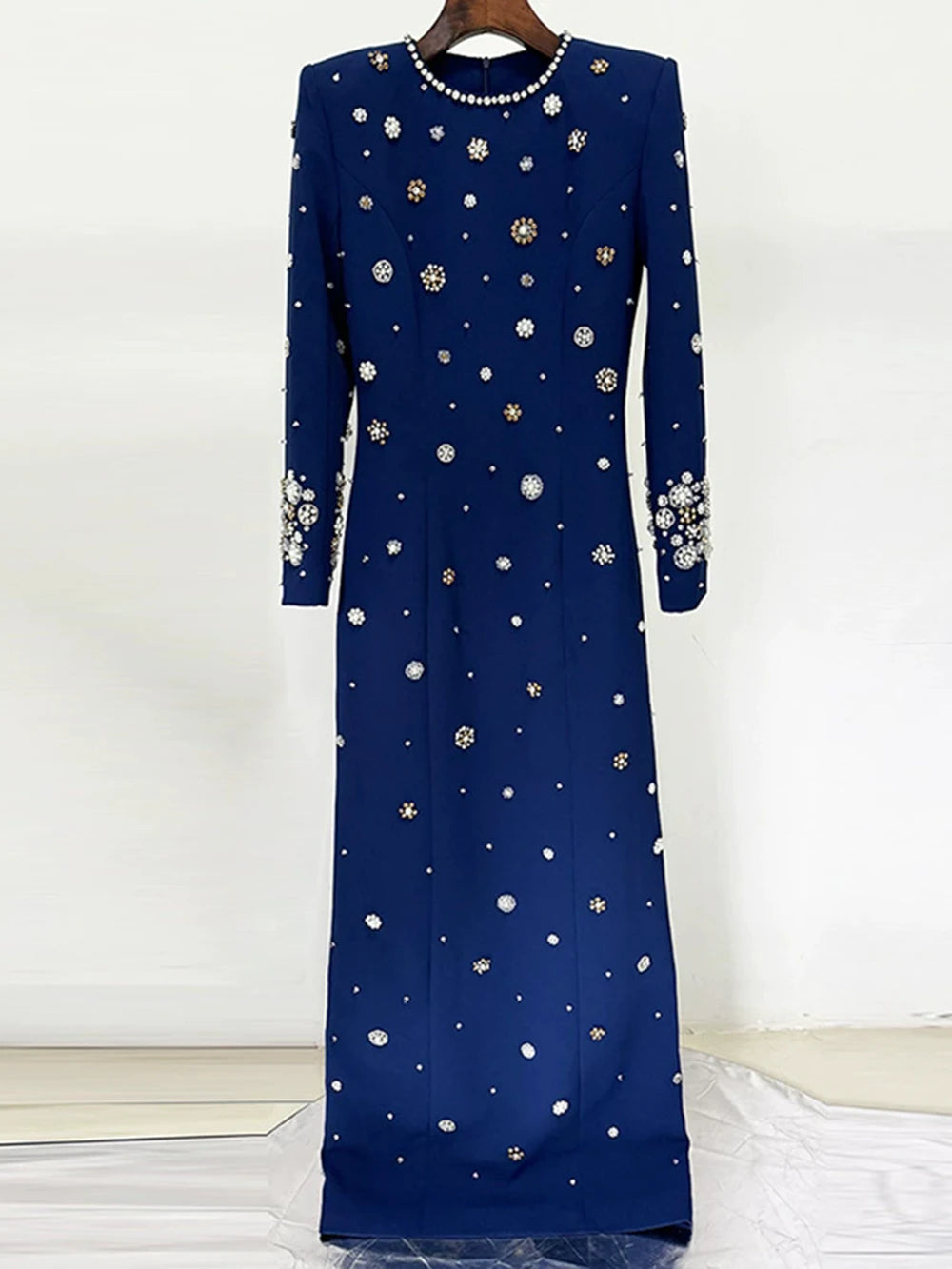 Modphy High-Quality Shiny Diamond Bead Slim Formal Maxi Dress Women'S Long Sleeved O-Neck Elegant Celebrity Evening Runway Gowns