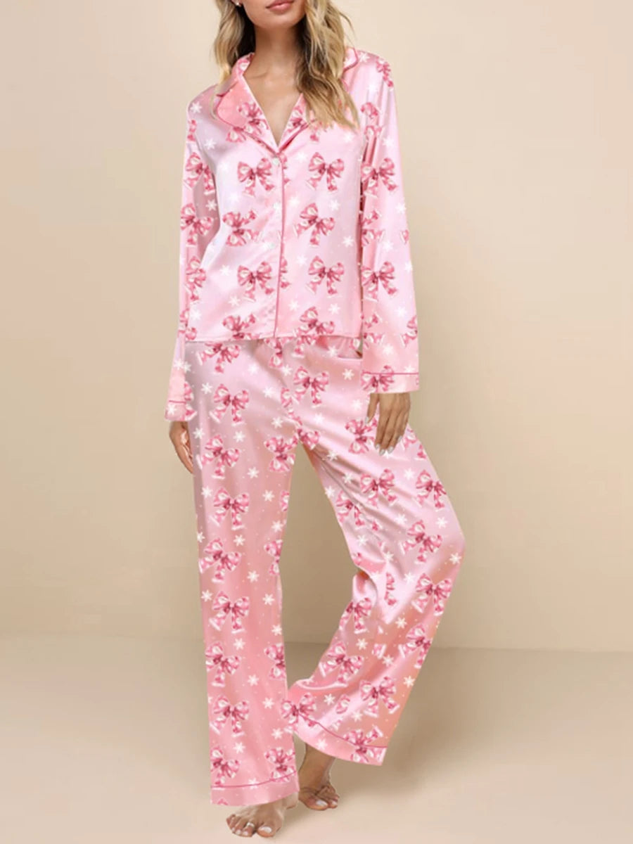 Women'S Autumn  Winter Clothing Christmas Elements Cute Bow Print Long Sleeved Shirt  Elastic Pants 2PCS Street Wear Home Wear