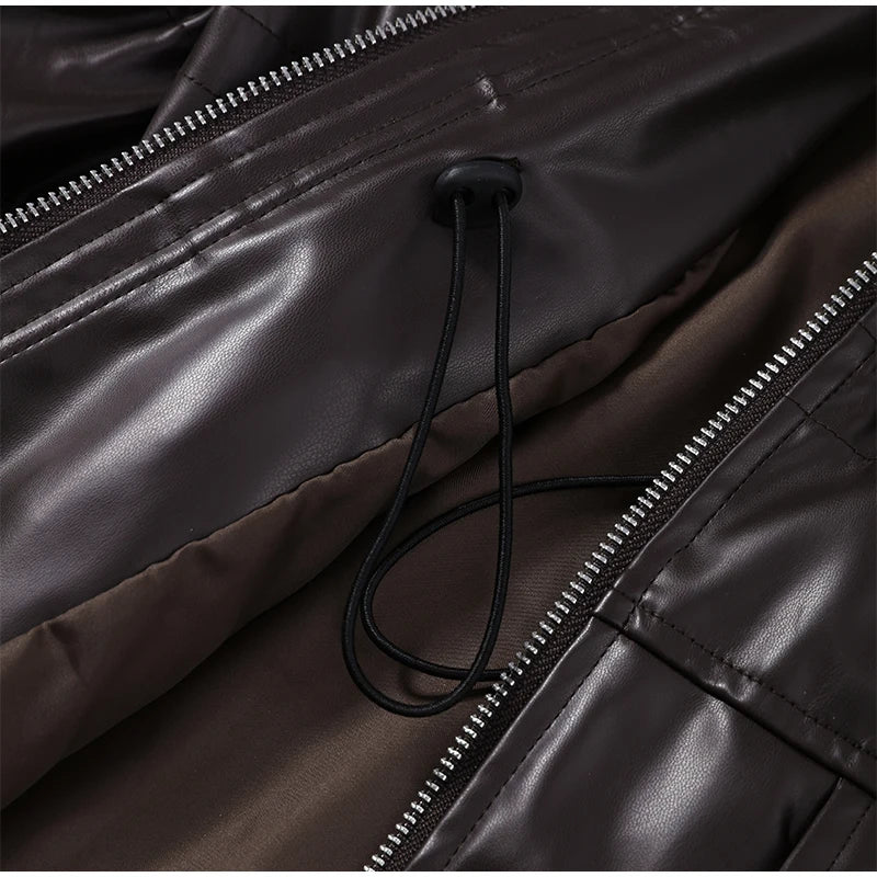 Vintage Cinched Waist Zipper Faux Leather Jacket for Women