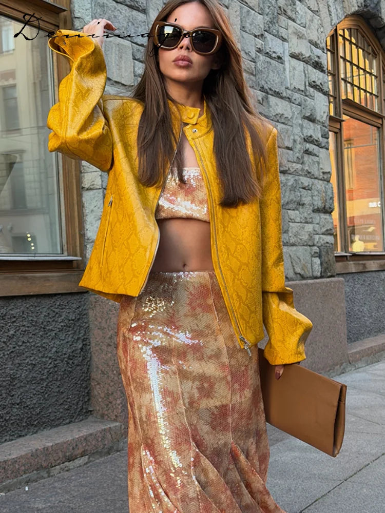 Retro Snake Print Faux Leather Cropped Jacket for Women