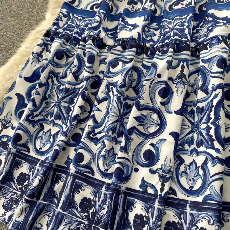 Blue and White Porcelain Print Two Piece Set for Women