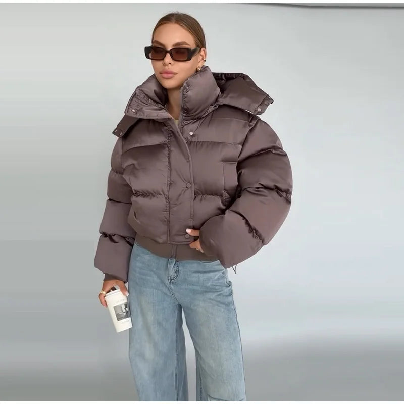 Detachable Hood Cropped Padded Winter Jacket for Women