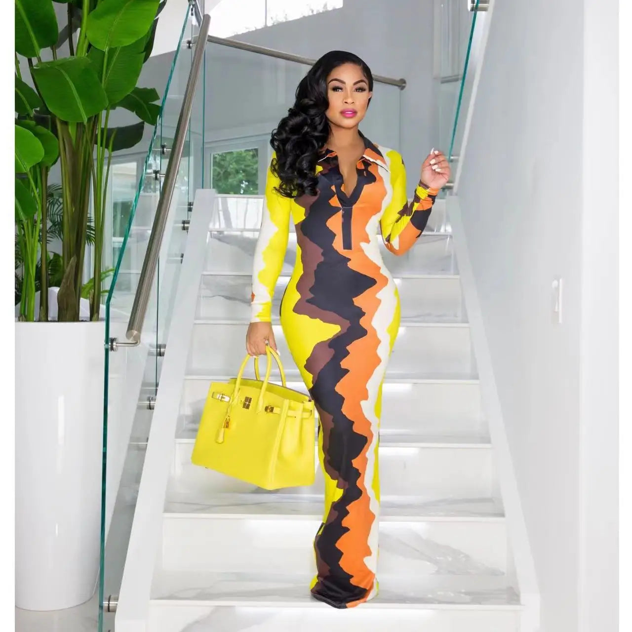 CM.YAYA Women Tie Dye Wave Long Sleeve Button Turn-down Collar Midi Maxi Long Dress Autumn Winter Party Evening Bodycon Dresses