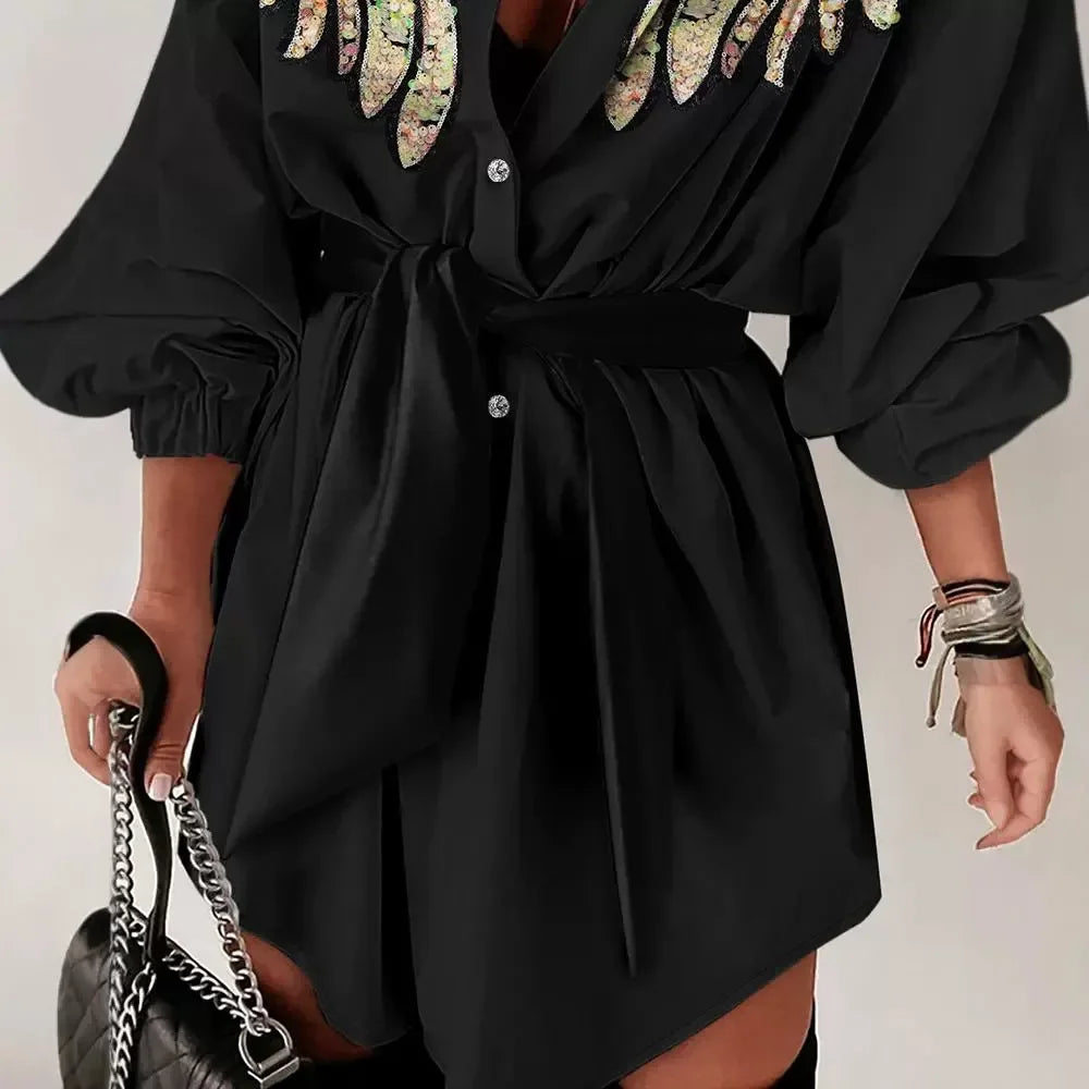 FashionDress Women Sexy New  2024 Autumn Winter Casual Sequin Wings Pattern Turn-Down Collar Tied Detail Elegant Shirt Dresses