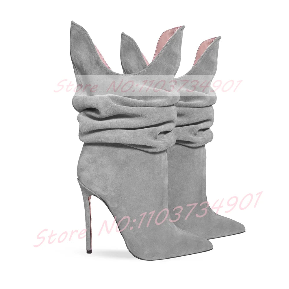 Fuchsia Pleated Pointy Toe High Heel Suede Ankle Boots For Women