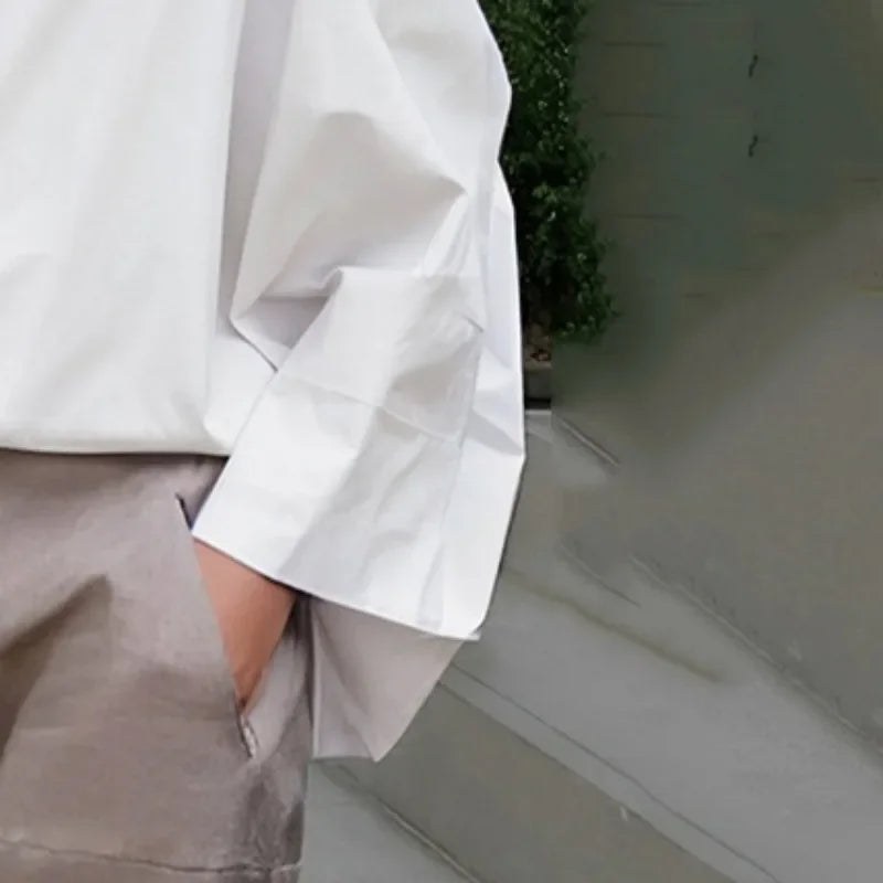 Beautyblue Women's Ubran Blouses White Shirts Tops Fashion Cotton Stand Collar Loose Long Sleeves Buttons Simple Women Clothing