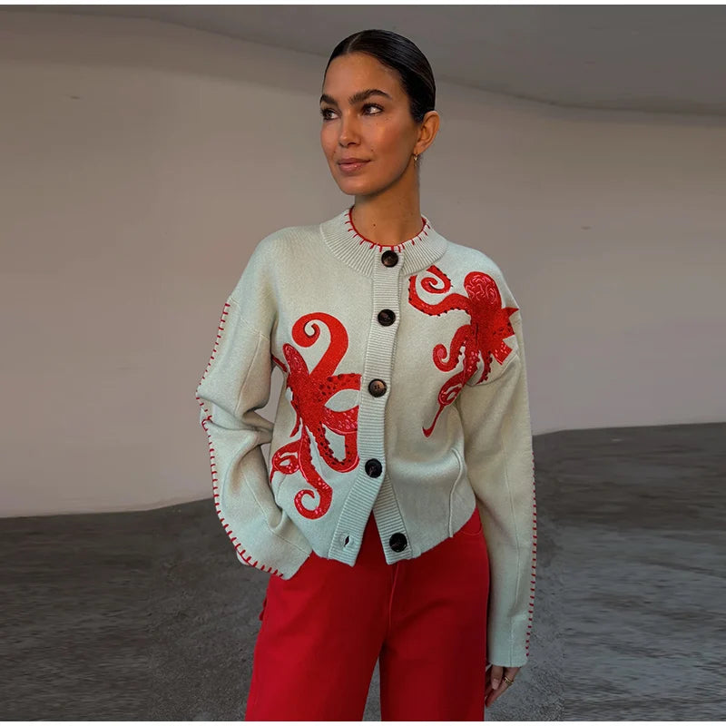 Elegant Knitted Octopus Jacquard Cardigan for Women