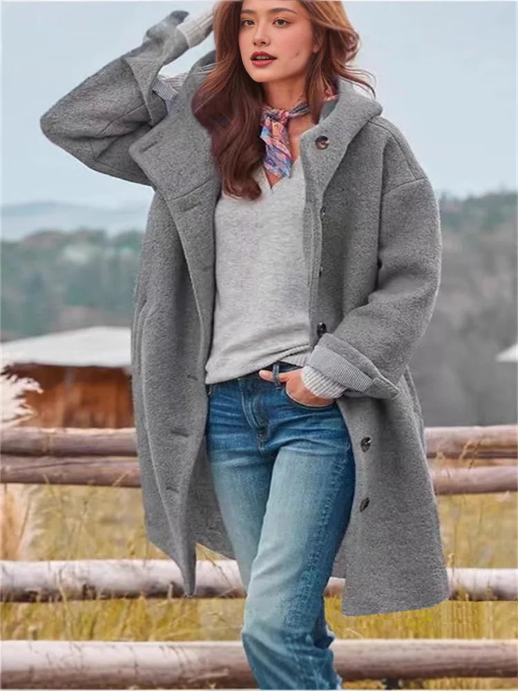 Oversized Hooded Casual Solid Color Wool Blend Coat for Women