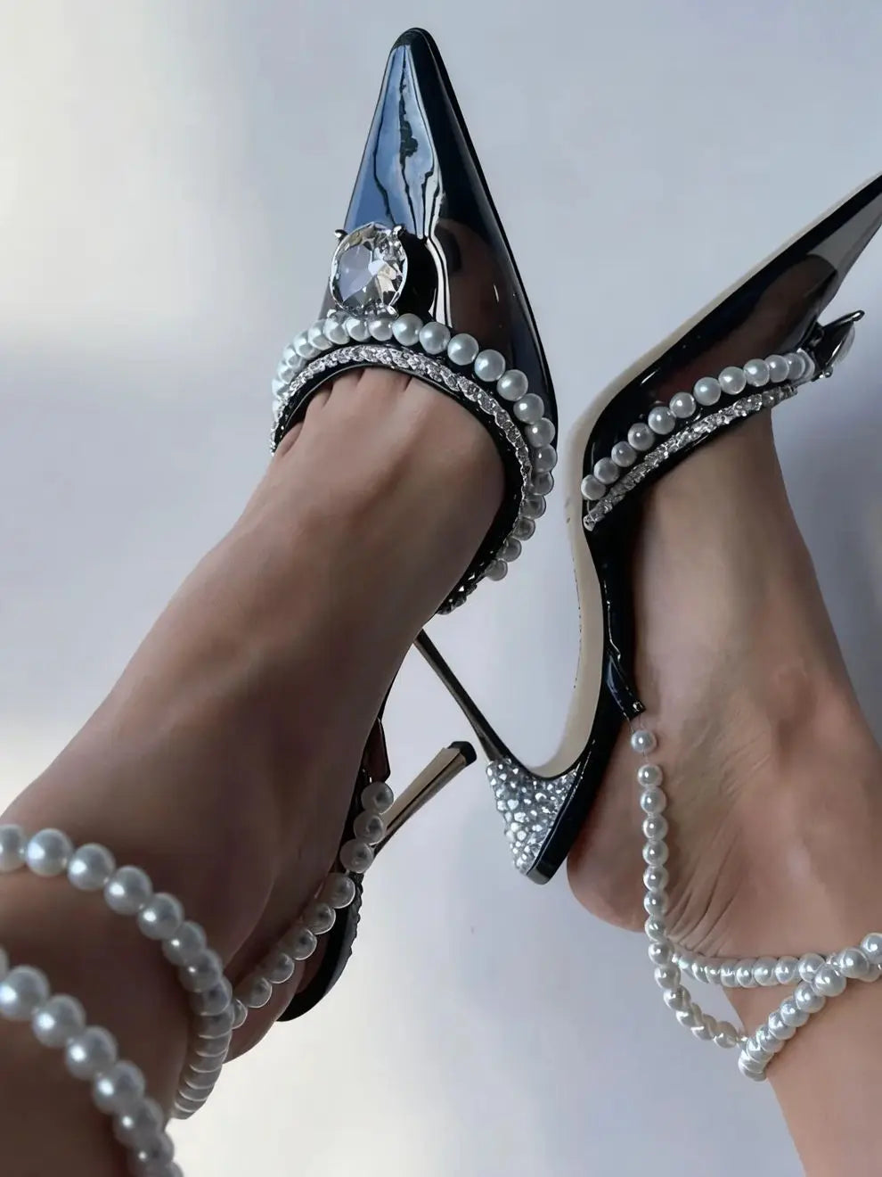 Black Patent Pearl Pointed Crystal Heels