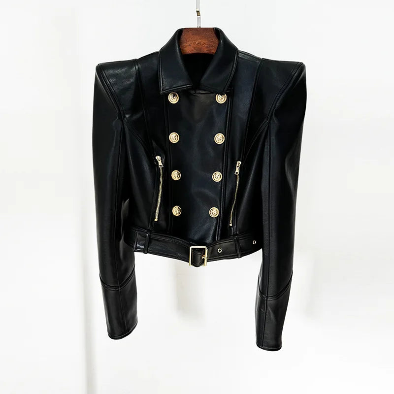 Double Breasted Faux Leather Motorcycle Jacket for Women