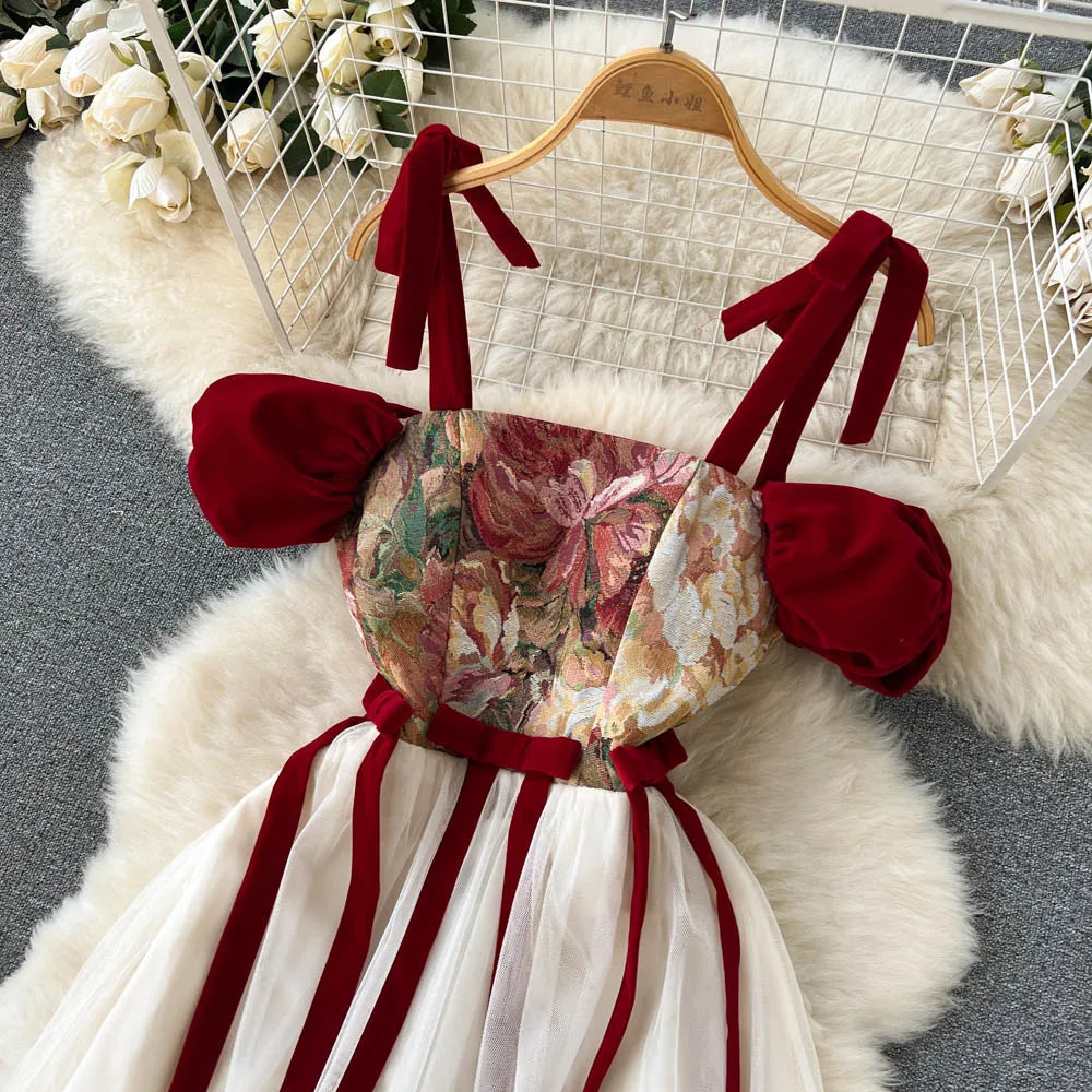 Embroidered Retro Print Lace-Up Mesh Midi Dress for Women