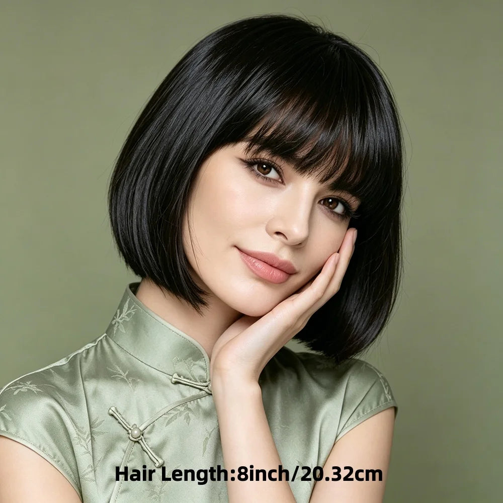Straight Human Hair Bob Wig With Full Bangs For Women