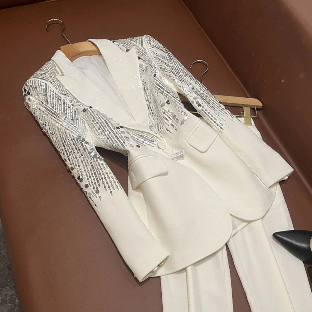 TWOTWINSTYLE Casual Luxury Solid Two Piece Sets For Women Lapel Long Sleeve Top High Waist Pants Elegant Set Female KSE554644