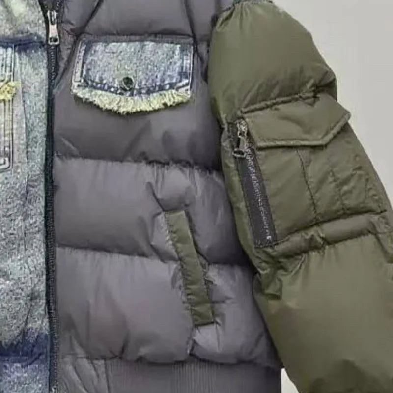 ANJY Autumn Winter New Women European Trendy Padded Coat Heavy-Duty Denim Patchwork Pocket Color-Block Hooded Down Jacket A12508